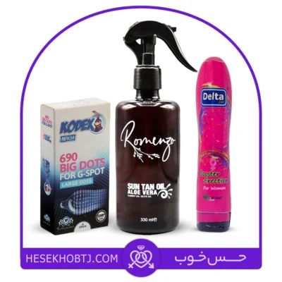 پک ژل صورتی دلتا و روغن رومنزو و کاندوم 690 خار